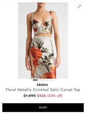 ERDEM Ivory Satin Midi Skirt with Orange Floral Print